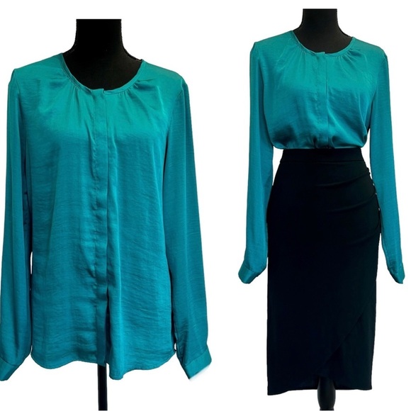 Forever 21 turquoise blue long sleeve satin effect button front blouse Sz L - Picture 1 of 7